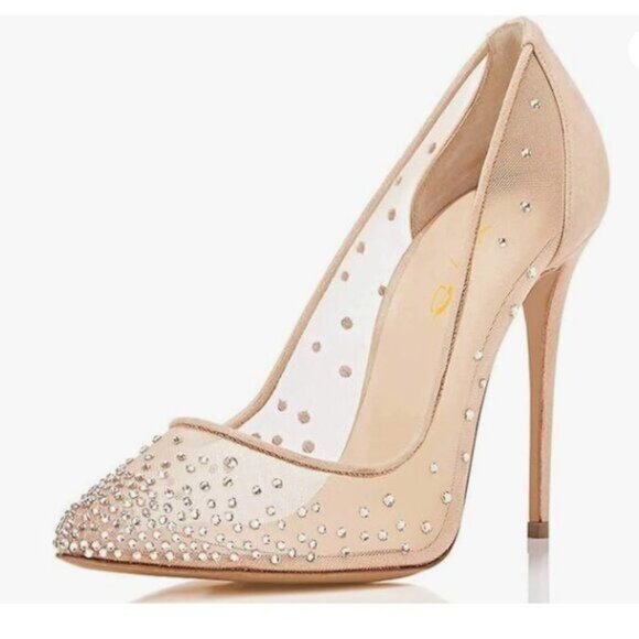 XYD Nude Rhinestones Studded High Heels Mesh Pumps for Women Pointed Toe Shoes - Picture 1 of 8